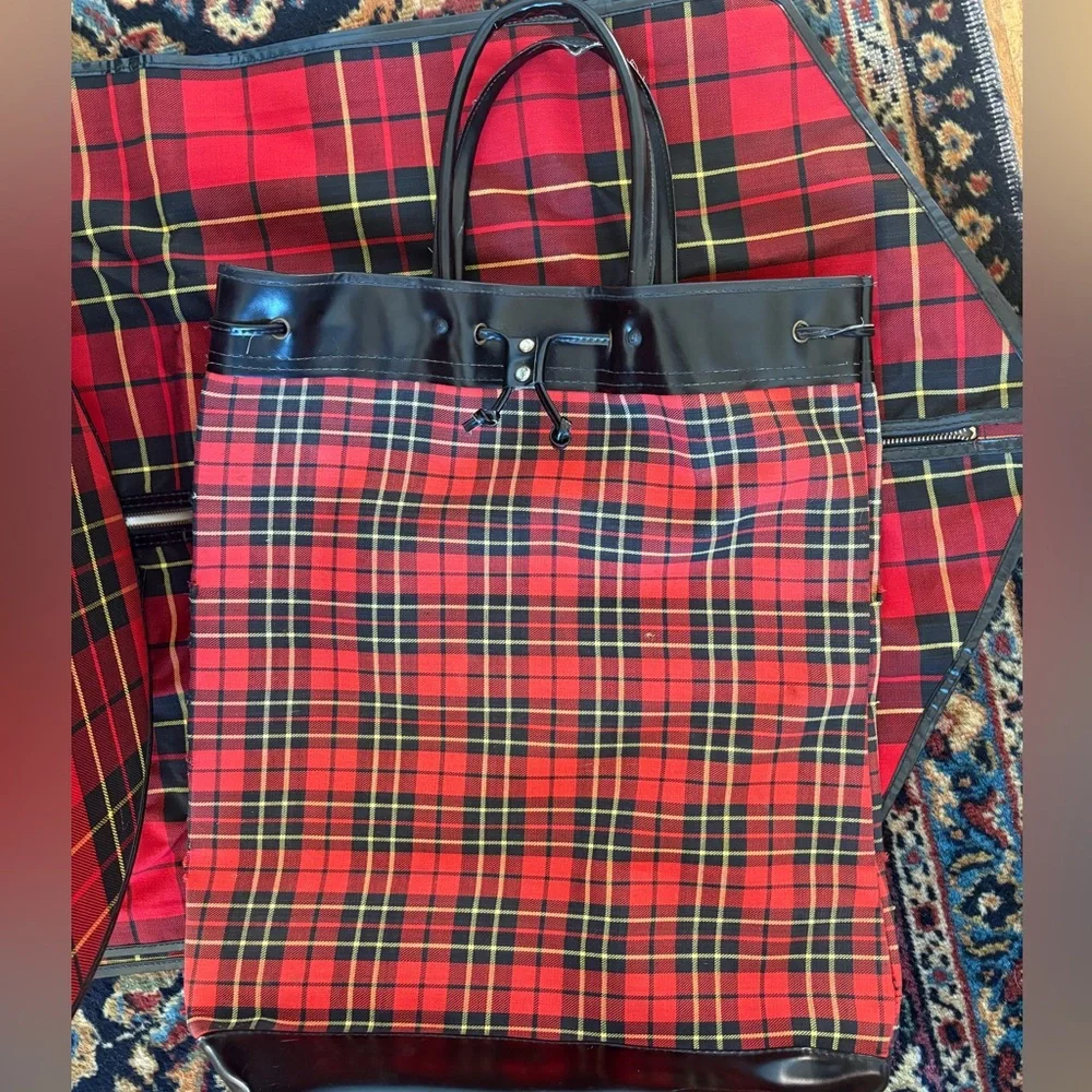 Vintage Luggage Tartan Red Plaid 3 Items. Hat Box/Zip Clothing Cover/Tall Tote